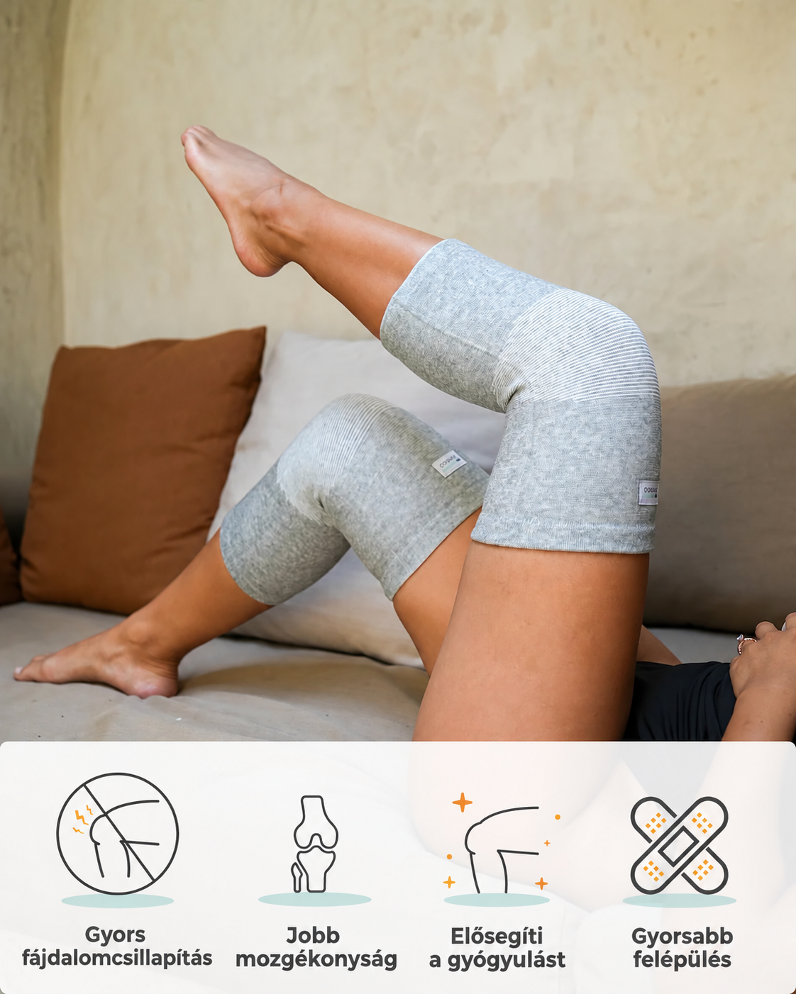 Nő feláll a kanapéról, térdén a BambooHealth bambusz térdszorítóval
